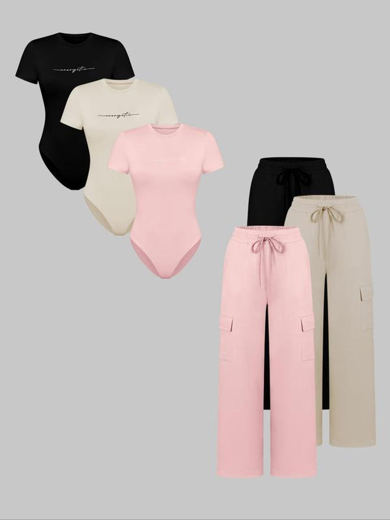 Women'S Letter Print Short Sleeve Bodysuit & Drawstring Waist Pants Set, Casual round Neck Snap Closure Bodysuit & Pocket Trousers, Ladies Clothes for All Seasons, Stretchy Outfit Sets