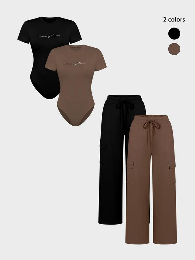 Women'S Letter Print Short Sleeve Bodysuit & Drawstring Waist Pants Set, Casual round Neck Snap Closure Bodysuit & Pocket Trousers, Ladies Clothes for All Seasons, Stretchy Outfit Sets