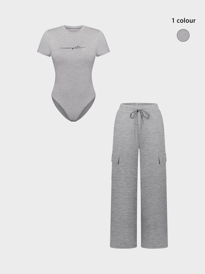 Women'S Letter Print Short Sleeve Bodysuit & Drawstring Waist Pants Set, Casual round Neck Snap Closure Bodysuit & Pocket Trousers, Ladies Clothes for All Seasons, Stretchy Outfit Sets