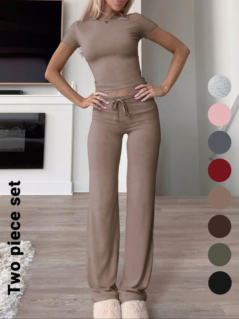 Women'S Solid Short Sleeve Two-Piece Set, Casual round Neck Crop Tee & Drawstring High Waist Trousers for Daily Wear, Ladies Summer Clothes, Tops