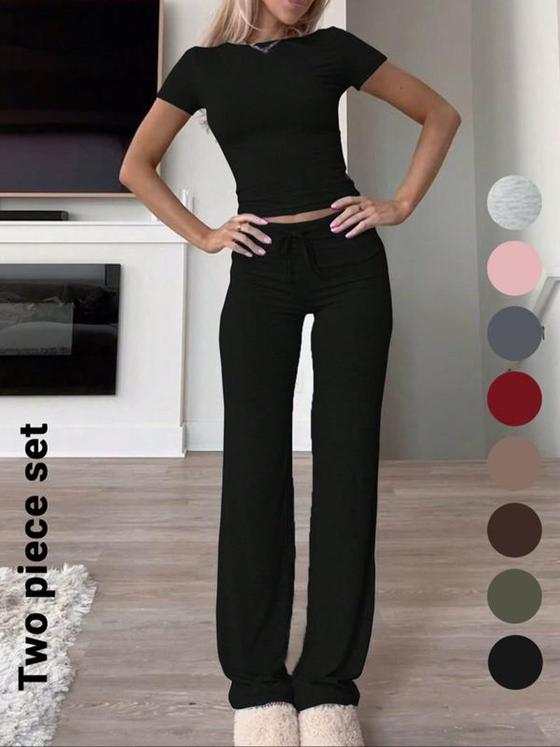 Women'S Solid Short Sleeve Two-Piece Set, Casual round Neck Crop Tee & Drawstring High Waist Trousers for Daily Wear, Ladies Summer Clothes, Tops
