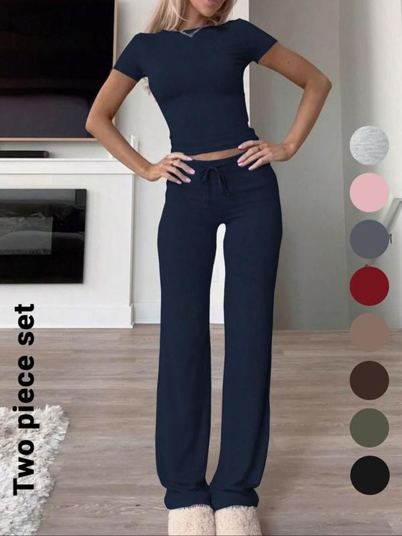 Women'S Solid Short Sleeve Two-Piece Set, Casual round Neck Crop Tee & Drawstring High Waist Trousers for Daily Wear, Ladies Summer Clothes, Tops