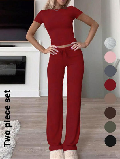 Women'S Solid Short Sleeve Two-Piece Set, Casual round Neck Crop Tee & Drawstring High Waist Trousers for Daily Wear, Ladies Summer Clothes, Tops