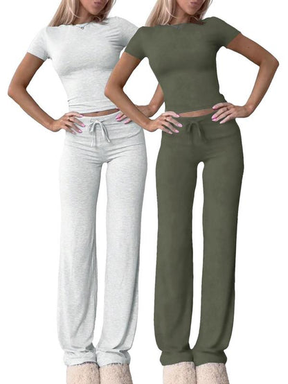 Women'S Solid Short Sleeve Two-Piece Set, Casual round Neck Crop Tee & Drawstring High Waist Trousers for Daily Wear, Ladies Summer Clothes, Tops