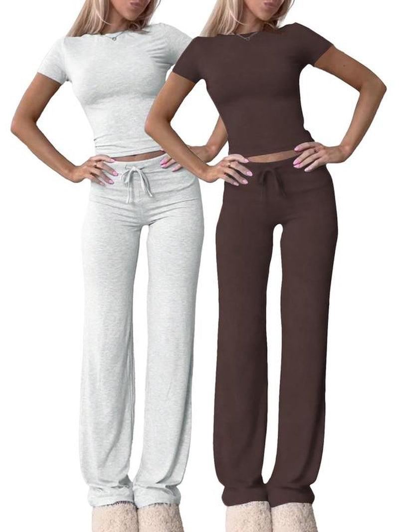 Women'S Solid Short Sleeve Two-Piece Set, Casual round Neck Crop Tee & Drawstring High Waist Trousers for Daily Wear, Ladies Summer Clothes, Tops