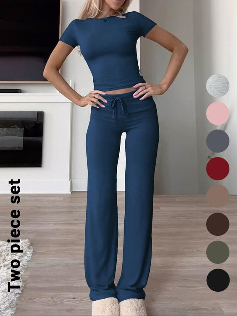 Women'S Solid Short Sleeve Two-Piece Set, Casual round Neck Crop Tee & Drawstring High Waist Trousers for Daily Wear, Ladies Summer Clothes, Tops