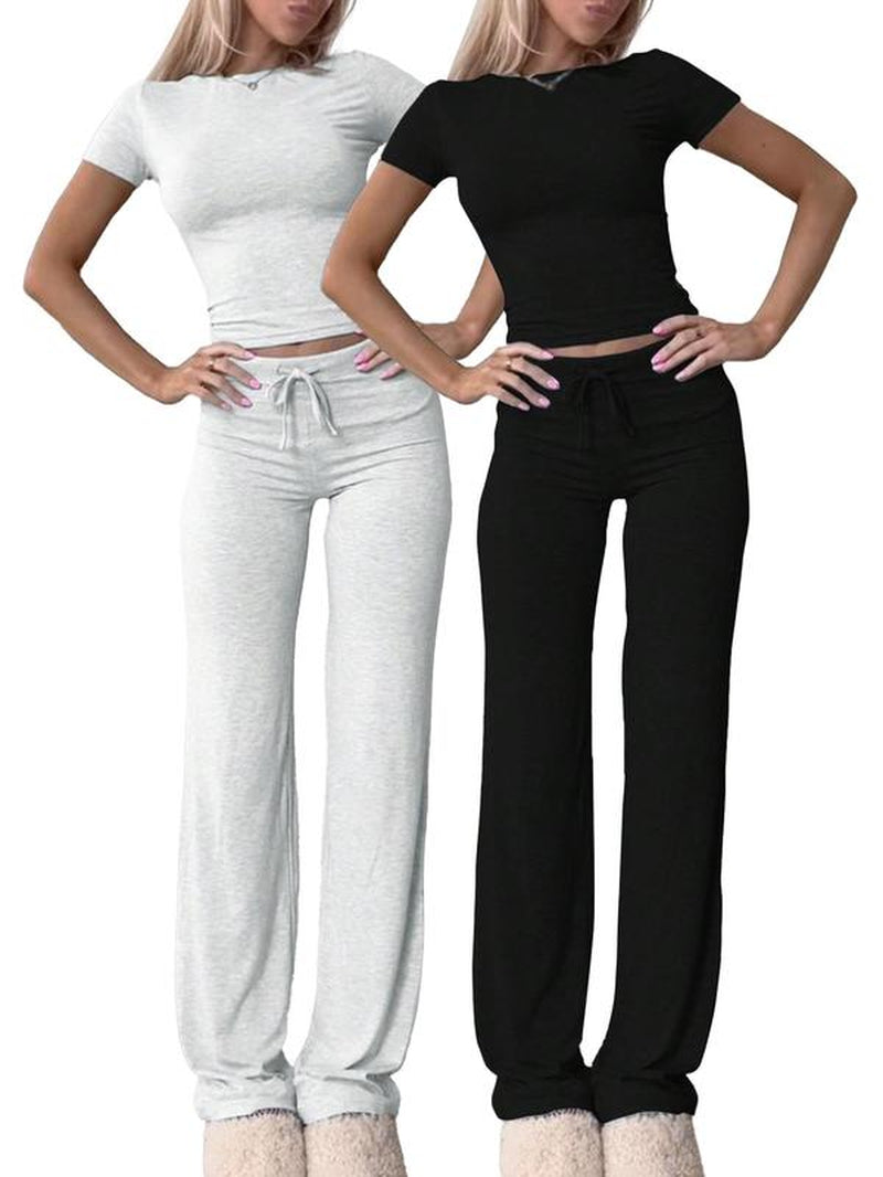 Women'S Solid Short Sleeve Two-Piece Set, Casual round Neck Crop Tee & Drawstring High Waist Trousers for Daily Wear, Ladies Summer Clothes, Tops
