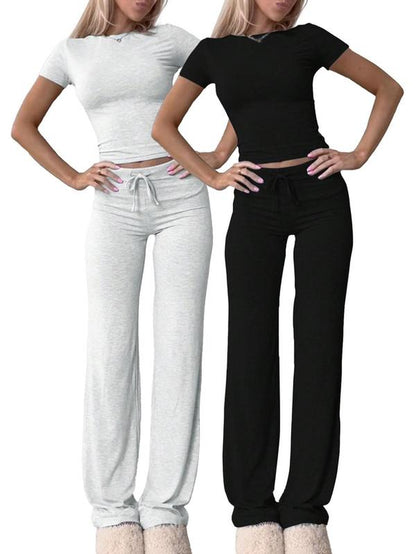 Women'S Solid Short Sleeve Two-Piece Set, Casual round Neck Crop Tee & Drawstring High Waist Trousers for Daily Wear, Ladies Summer Clothes, Tops