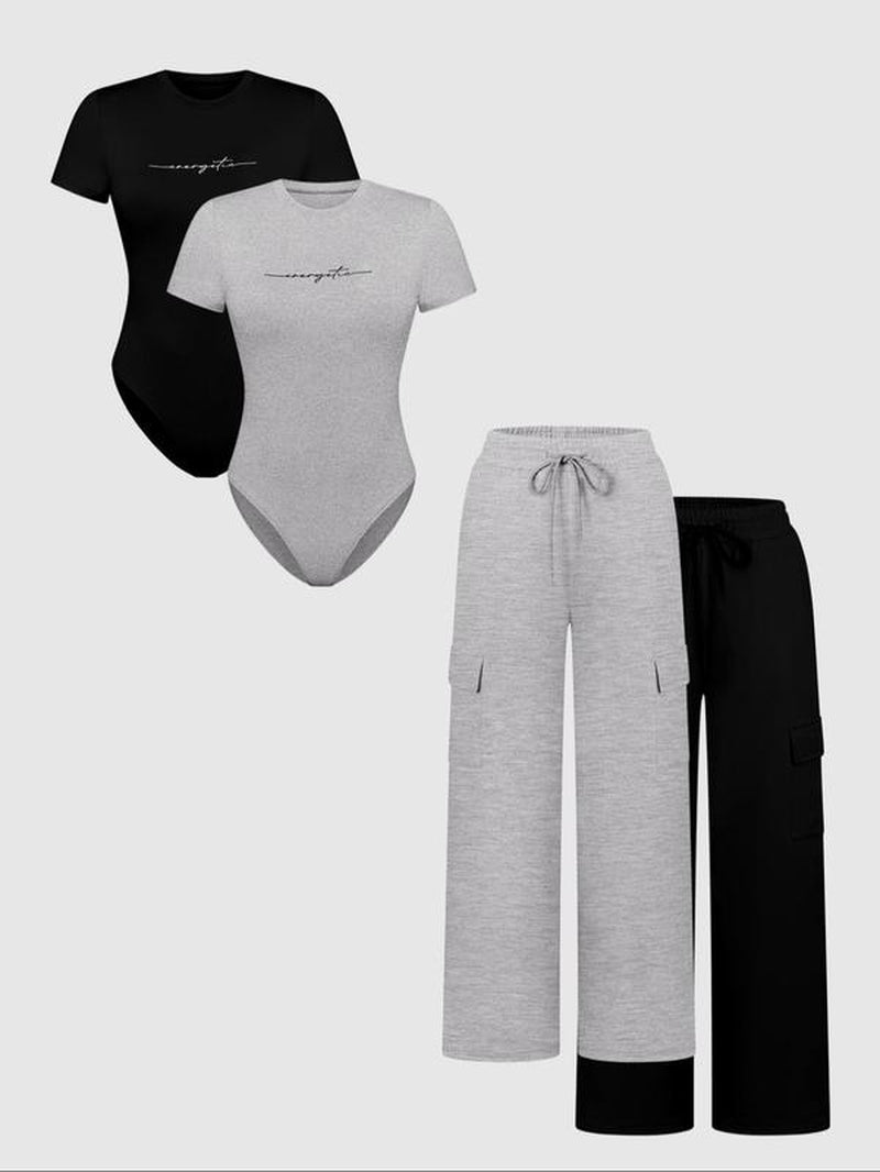 Women'S Letter Print Short Sleeve Bodysuit & Drawstring Waist Pants Set, Casual round Neck Snap Closure Bodysuit & Pocket Trousers, Ladies Clothes for All Seasons, Stretchy Outfit Sets