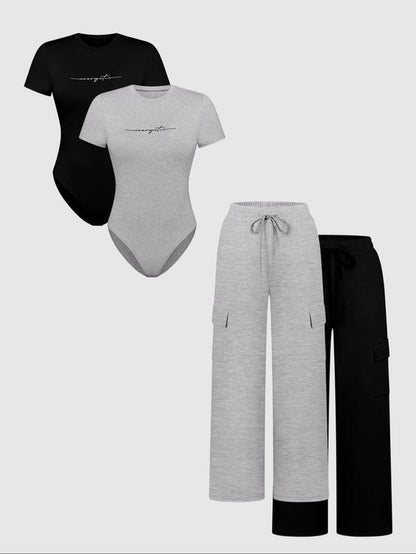 Women'S Letter Print Short Sleeve Bodysuit & Drawstring Waist Pants Set, Casual round Neck Snap Closure Bodysuit & Pocket Trousers, Ladies Clothes for All Seasons, Stretchy Outfit Sets