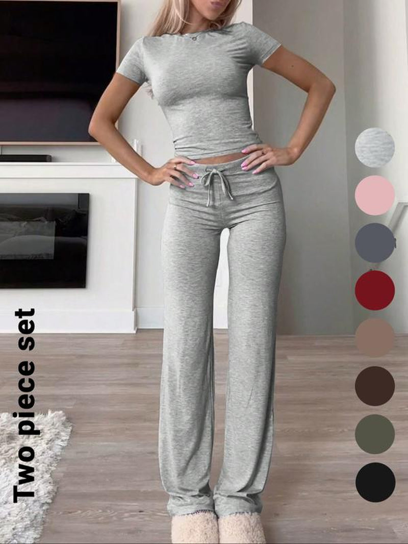 Women'S Solid Short Sleeve Two-Piece Set, Casual round Neck Crop Tee & Drawstring High Waist Trousers for Daily Wear, Ladies Summer Clothes, Tops