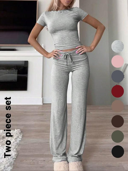Women'S Solid Short Sleeve Two-Piece Set, Casual round Neck Crop Tee & Drawstring High Waist Trousers for Daily Wear, Ladies Summer Clothes, Tops