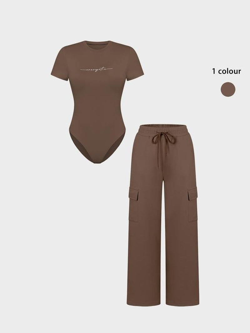 Women'S Letter Print Short Sleeve Bodysuit & Drawstring Waist Pants Set, Casual round Neck Snap Closure Bodysuit & Pocket Trousers, Ladies Clothes for All Seasons, Stretchy Outfit Sets