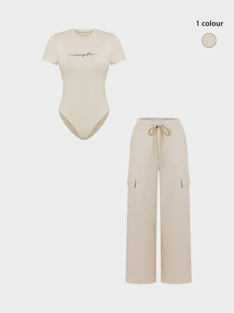 Women'S Letter Print Short Sleeve Bodysuit & Drawstring Waist Pants Set, Casual round Neck Snap Closure Bodysuit & Pocket Trousers, Ladies Clothes for All Seasons, Stretchy Outfit Sets