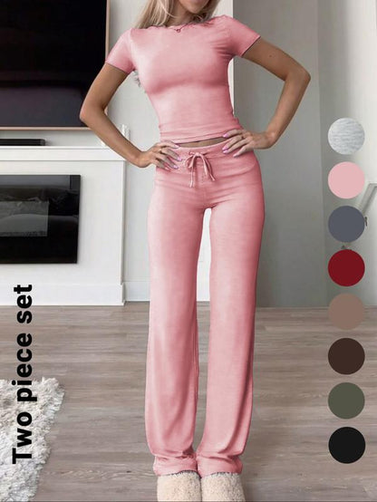 Women'S Solid Short Sleeve Two-Piece Set, Casual round Neck Crop Tee & Drawstring High Waist Trousers for Daily Wear, Ladies Summer Clothes, Tops