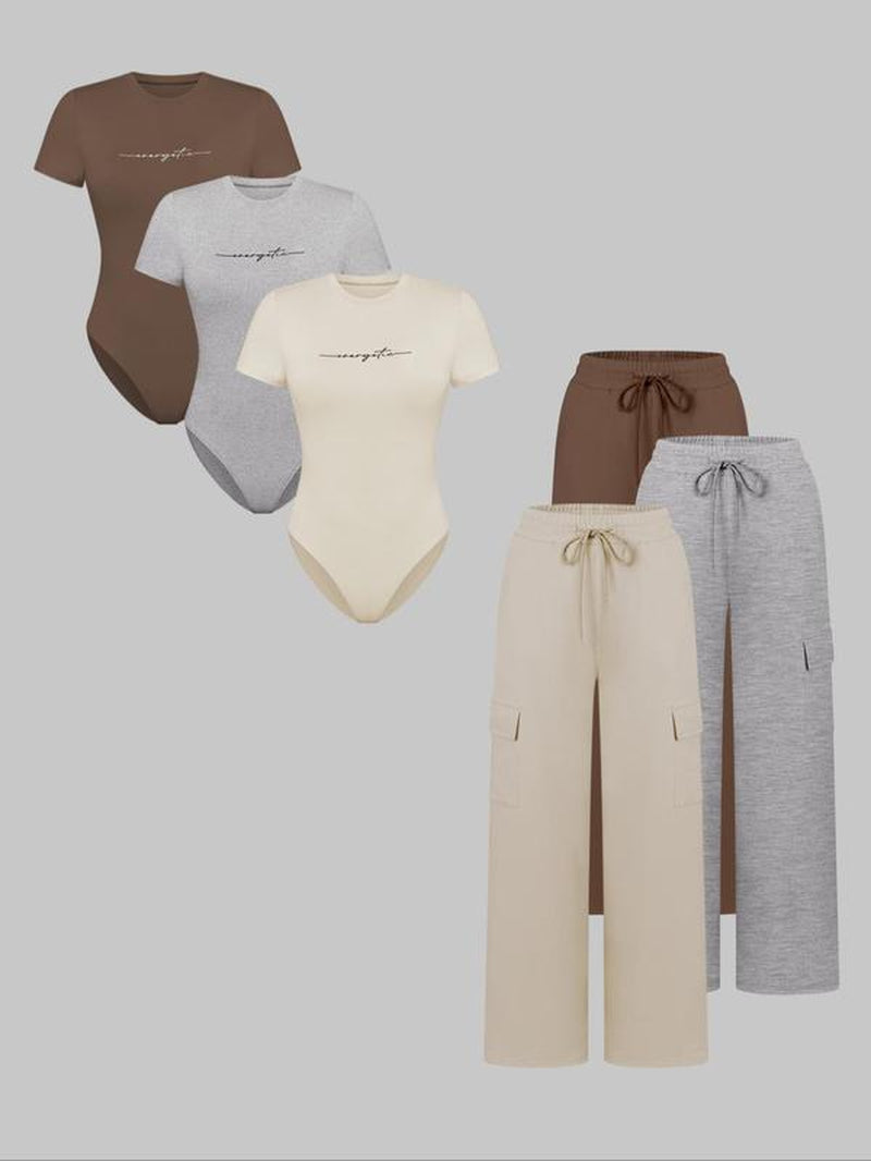 Women'S Letter Print Short Sleeve Bodysuit & Drawstring Waist Pants Set, Casual round Neck Snap Closure Bodysuit & Pocket Trousers, Ladies Clothes for All Seasons, Stretchy Outfit Sets