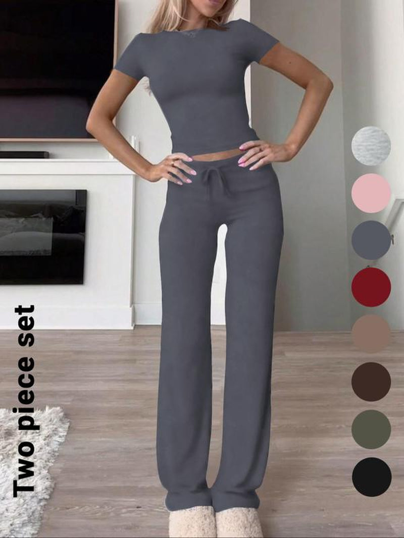 Women'S Solid Short Sleeve Two-Piece Set, Casual round Neck Crop Tee & Drawstring High Waist Trousers for Daily Wear, Ladies Summer Clothes, Tops