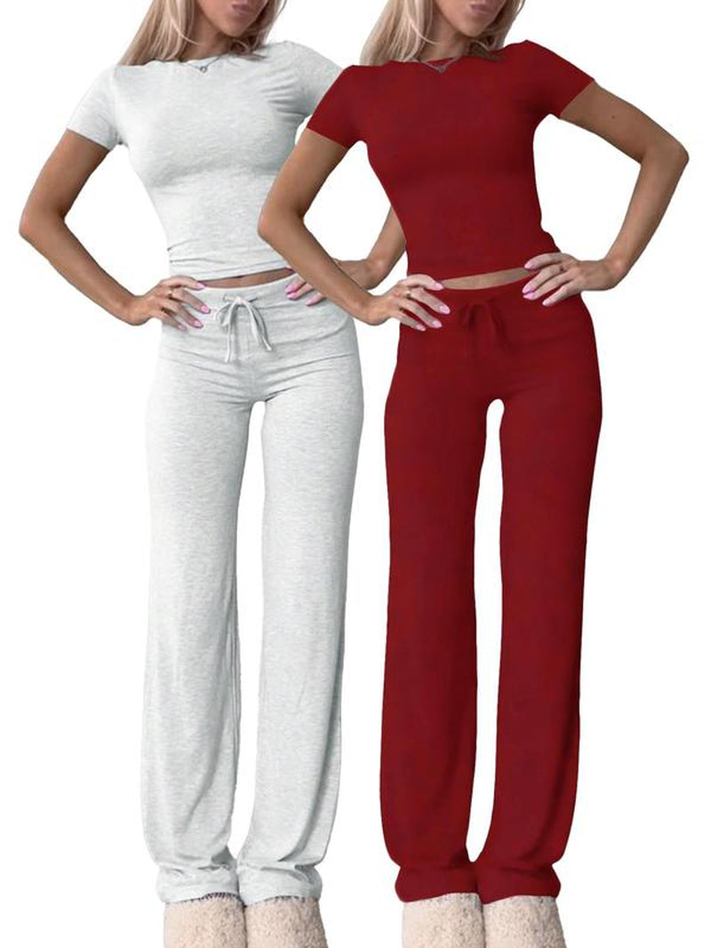 Women'S Solid Short Sleeve Two-Piece Set, Casual round Neck Crop Tee & Drawstring High Waist Trousers for Daily Wear, Ladies Summer Clothes, Tops