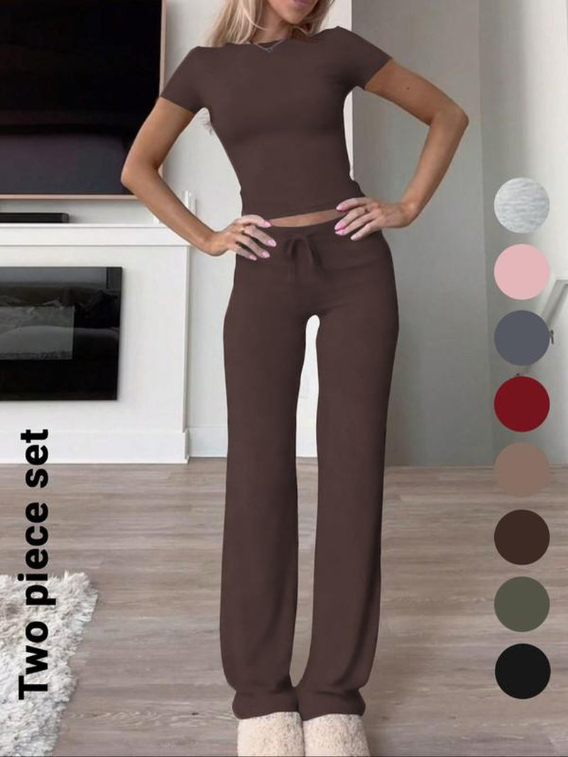 Women'S Solid Short Sleeve Two-Piece Set, Casual round Neck Crop Tee & Drawstring High Waist Trousers for Daily Wear, Ladies Summer Clothes, Tops