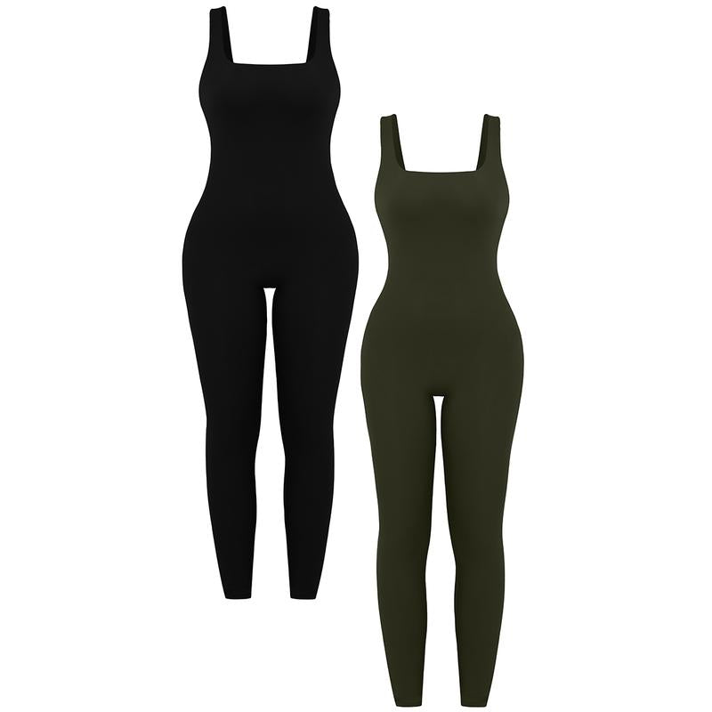 OYV Women'S Square Neck Sleeveless Rompers Exercise Jumpsuits – Stretchy Fitted Jumpsuit for Casual or Athletic Wear