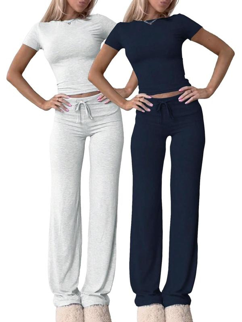 Women'S Solid Short Sleeve Two-Piece Set, Casual round Neck Crop Tee & Drawstring High Waist Trousers for Daily Wear, Ladies Summer Clothes, Tops