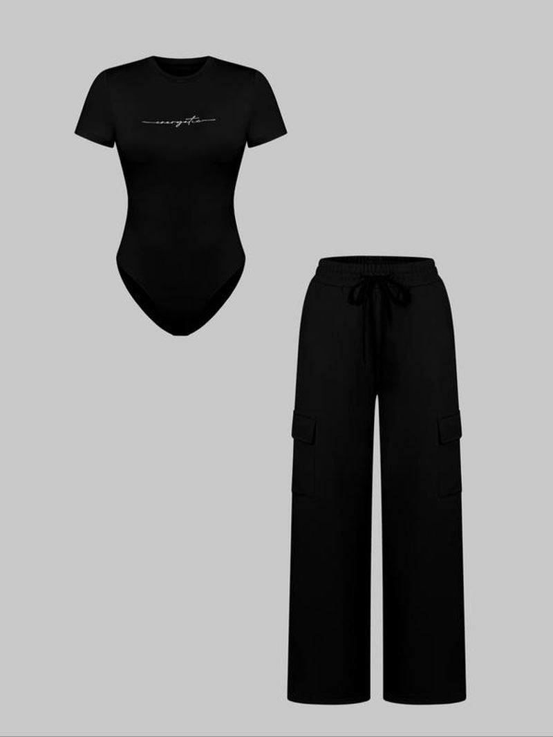 Women'S Letter Print Short Sleeve Bodysuit & Drawstring Waist Pants Set, Casual round Neck Snap Closure Bodysuit & Pocket Trousers, Ladies Clothes for All Seasons, Stretchy Outfit Sets