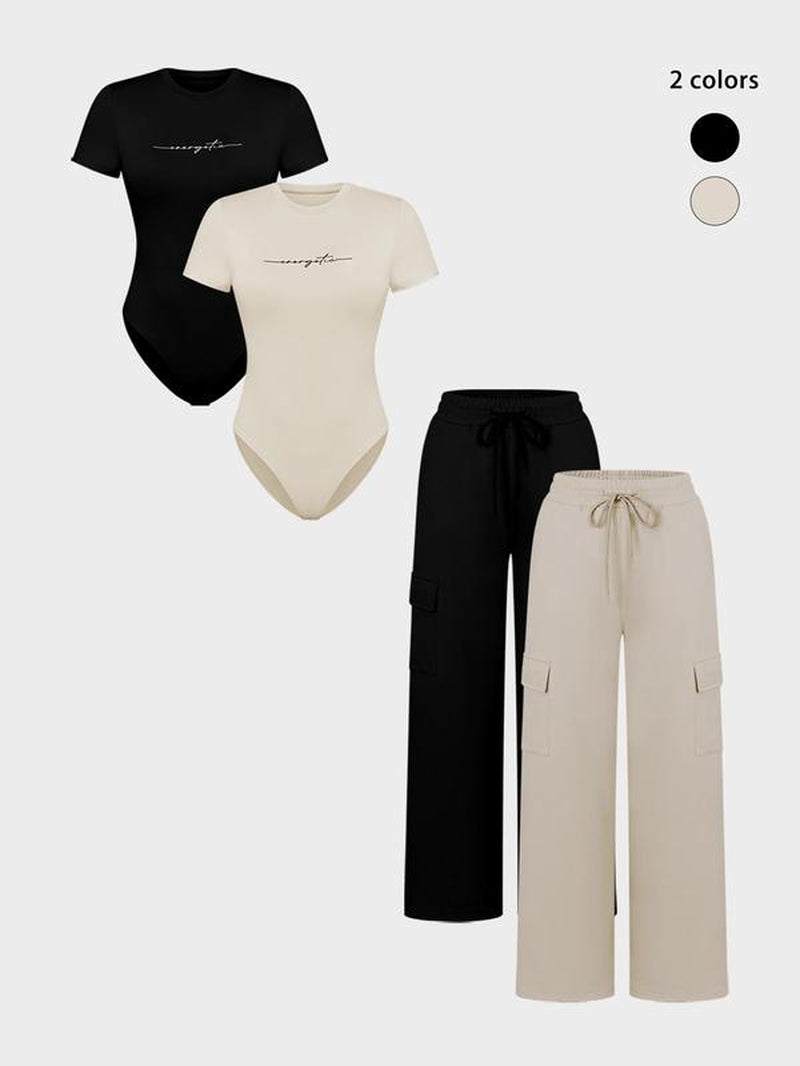 Women'S Letter Print Short Sleeve Bodysuit & Drawstring Waist Pants Set, Casual round Neck Snap Closure Bodysuit & Pocket Trousers, Ladies Clothes for All Seasons, Stretchy Outfit Sets
