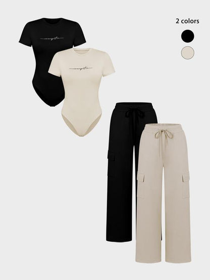 Women'S Letter Print Short Sleeve Bodysuit & Drawstring Waist Pants Set, Casual round Neck Snap Closure Bodysuit & Pocket Trousers, Ladies Clothes for All Seasons, Stretchy Outfit Sets