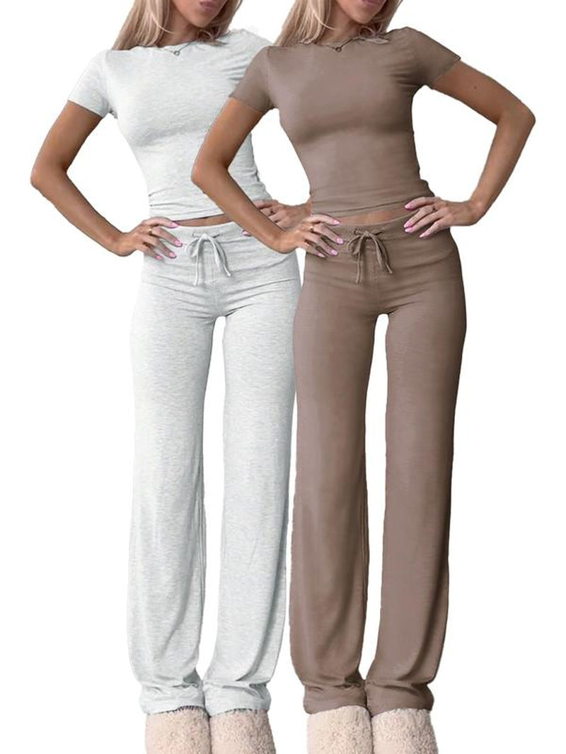 Women'S Solid Short Sleeve Two-Piece Set, Casual round Neck Crop Tee & Drawstring High Waist Trousers for Daily Wear, Ladies Summer Clothes, Tops