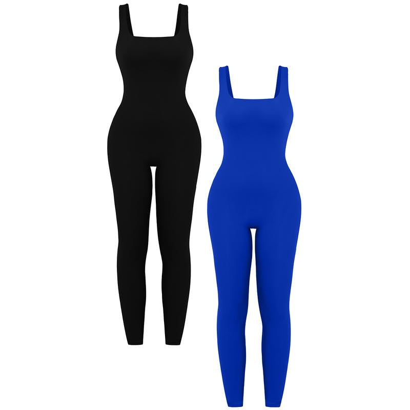 OYV Women'S Square Neck Sleeveless Rompers Exercise Jumpsuits – Stretchy Fitted Jumpsuit for Casual or Athletic Wear