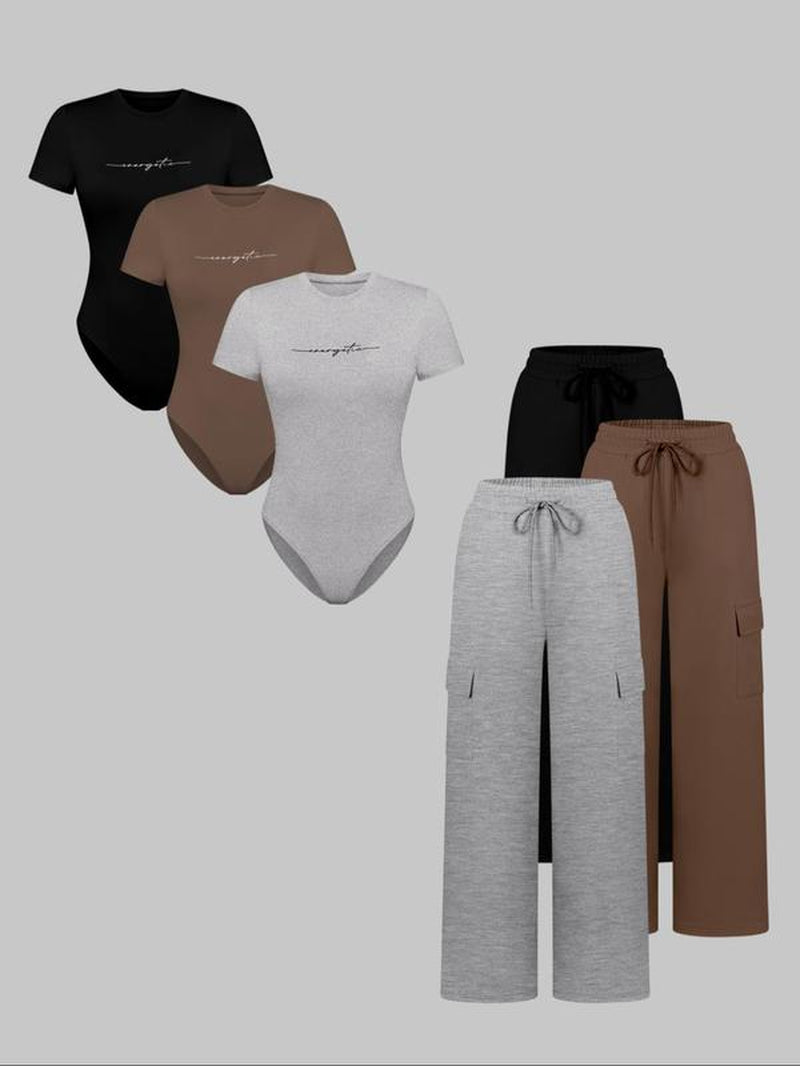 Women'S Letter Print Short Sleeve Bodysuit & Drawstring Waist Pants Set, Casual round Neck Snap Closure Bodysuit & Pocket Trousers, Ladies Clothes for All Seasons, Stretchy Outfit Sets