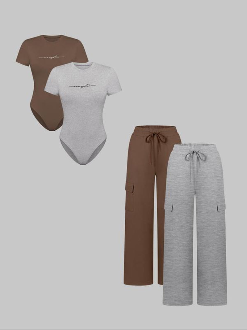Women'S Letter Print Short Sleeve Bodysuit & Drawstring Waist Pants Set, Casual round Neck Snap Closure Bodysuit & Pocket Trousers, Ladies Clothes for All Seasons, Stretchy Outfit Sets