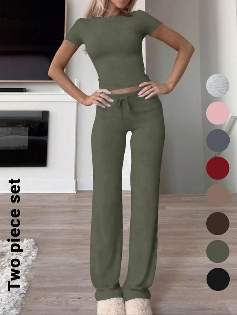 Women'S Solid Short Sleeve Two-Piece Set, Casual round Neck Crop Tee & Drawstring High Waist Trousers for Daily Wear, Ladies Summer Clothes, Tops