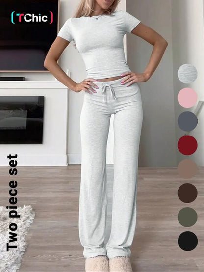 Women'S Solid Short Sleeve Two-Piece Set, Casual round Neck Crop Tee & Drawstring High Waist Trousers for Daily Wear, Ladies Summer Clothes, Tops